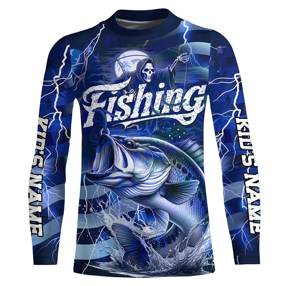 Blue Lightning American Flag Custom Bass Fishing Long Sleeve Shirts, Fish Reaper Fishing Jerseys IPHW6686