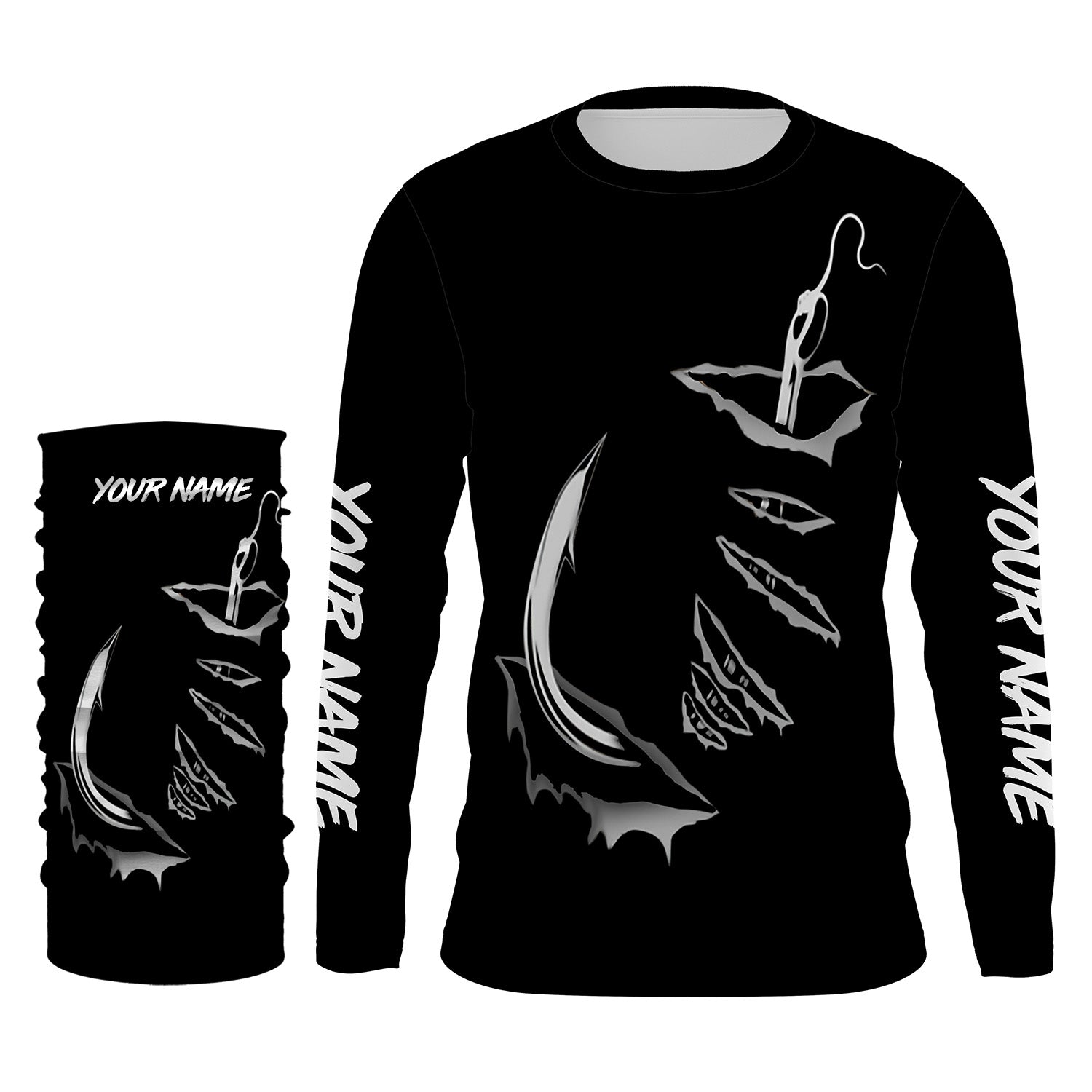 3D Fish hook Customize UV Protection Long sleeve performance black Fishing Shirts - IPHW522