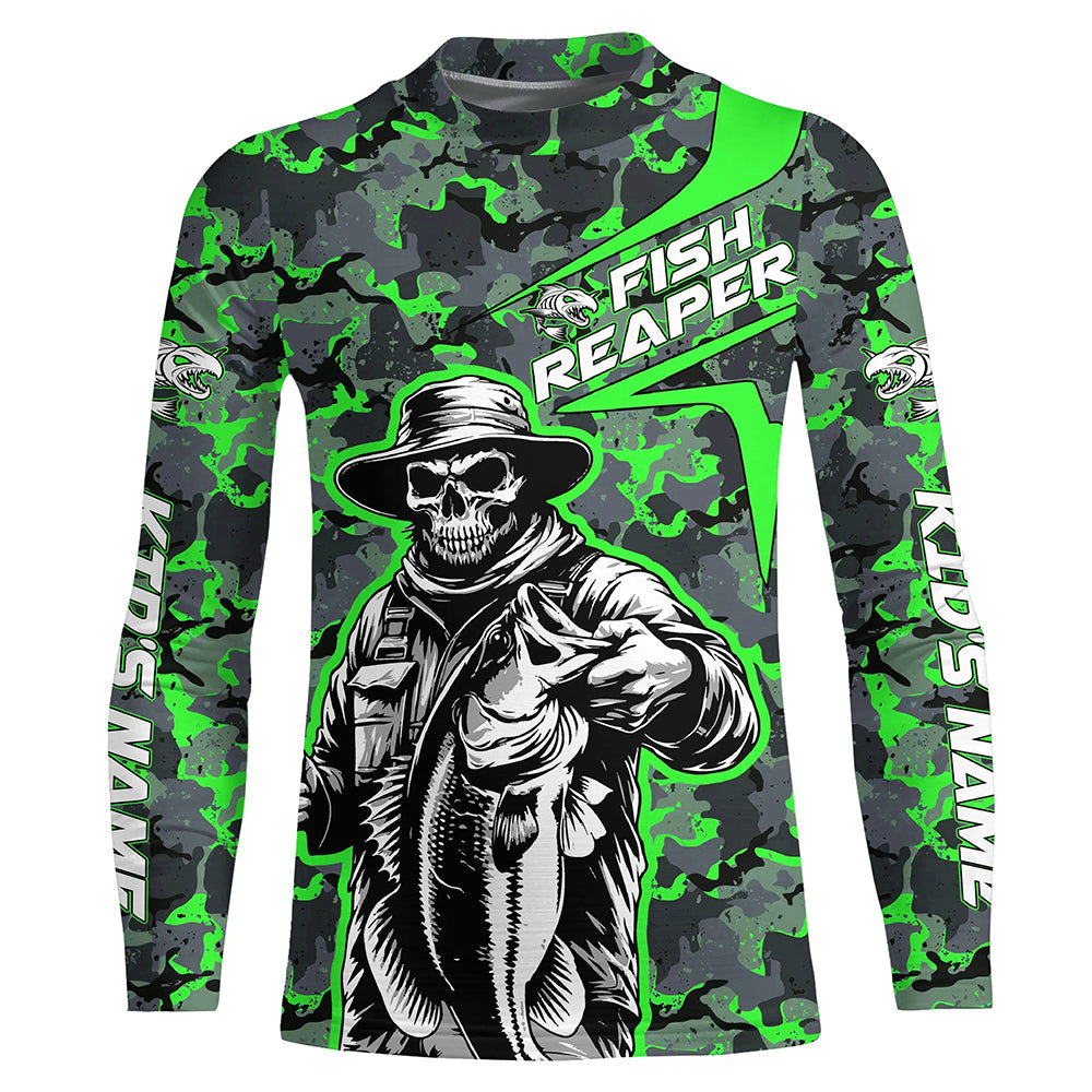 Custom Fish Reaper Skull Bass Long Sleeve Fishing Shirt, Bass Hunter Green Camo Fishing Jerseys IPHW5639