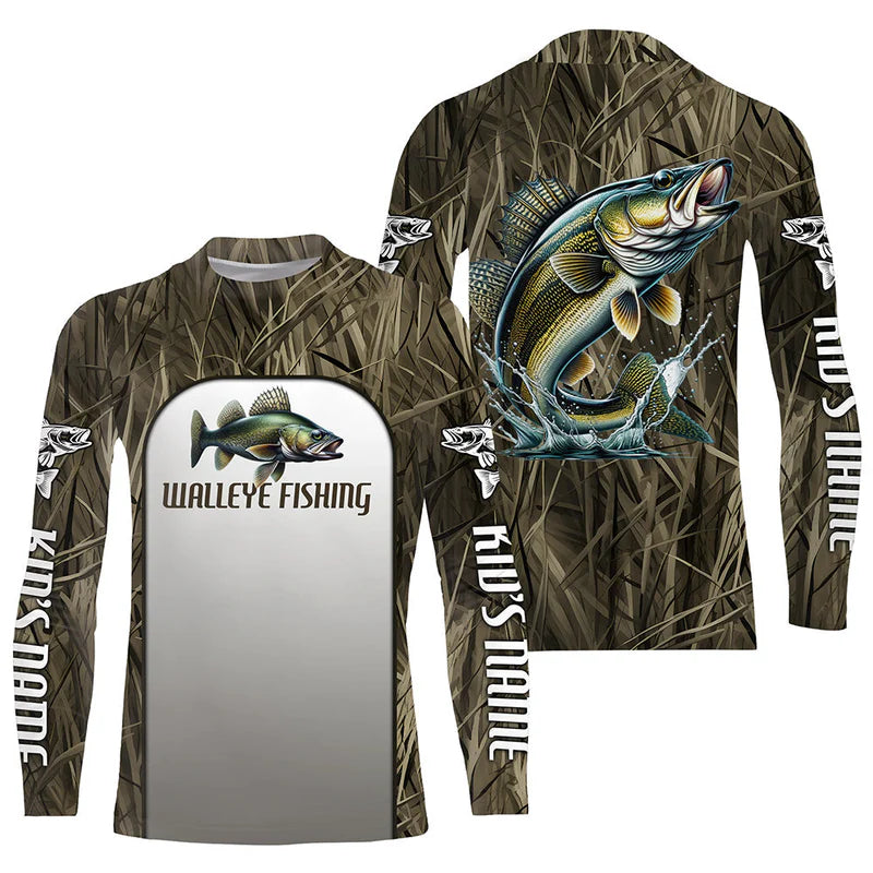Walleye Fishing Grass Camo Custom Kid Long Sleeve Fishing Shirts, Walleye Tournament Fishing Jerseys IPHW6245