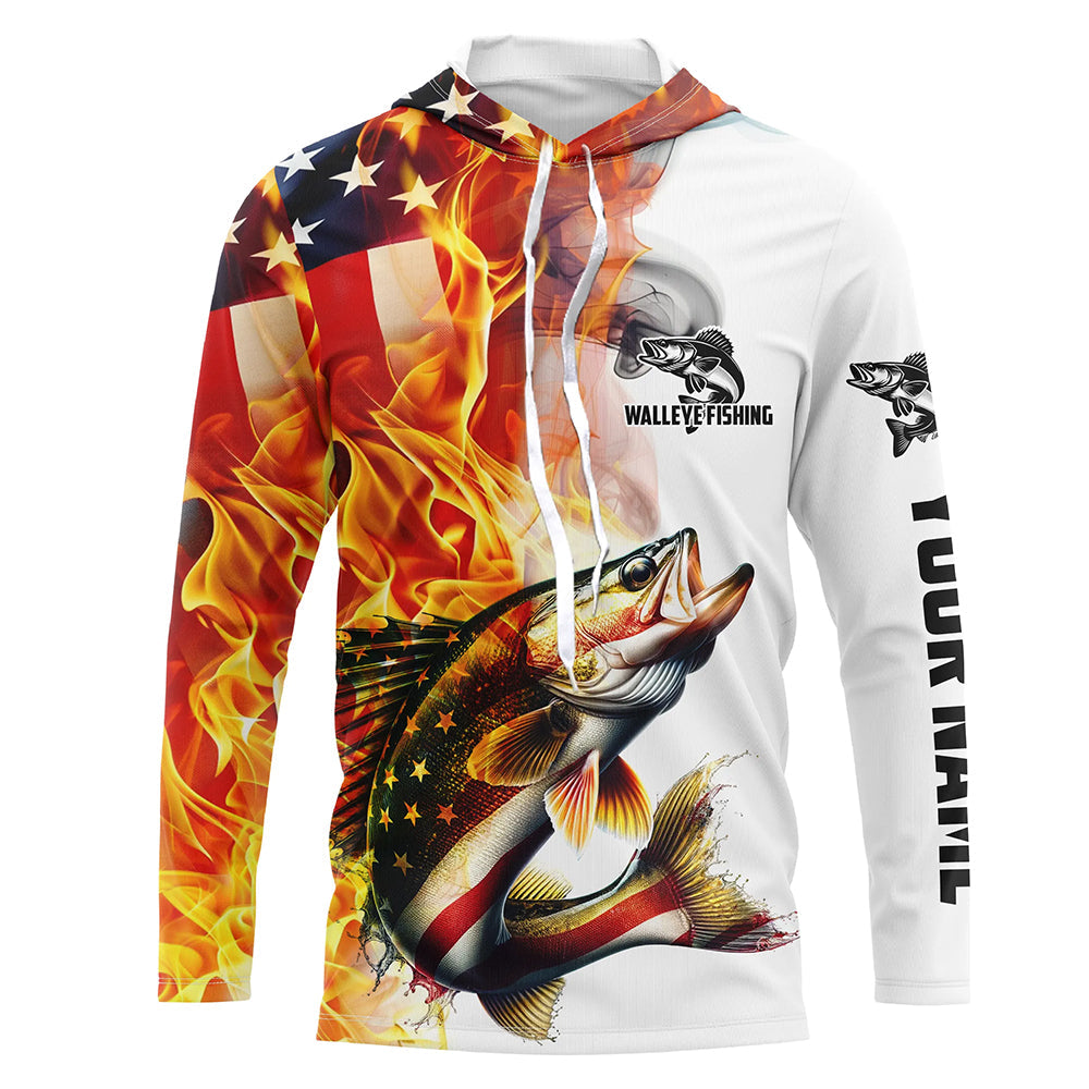 Flame American Flag Custom Walleye Fishing Shirts, Patriotic Walleye Long Sleeve Fishing Jerseys IPHW5965