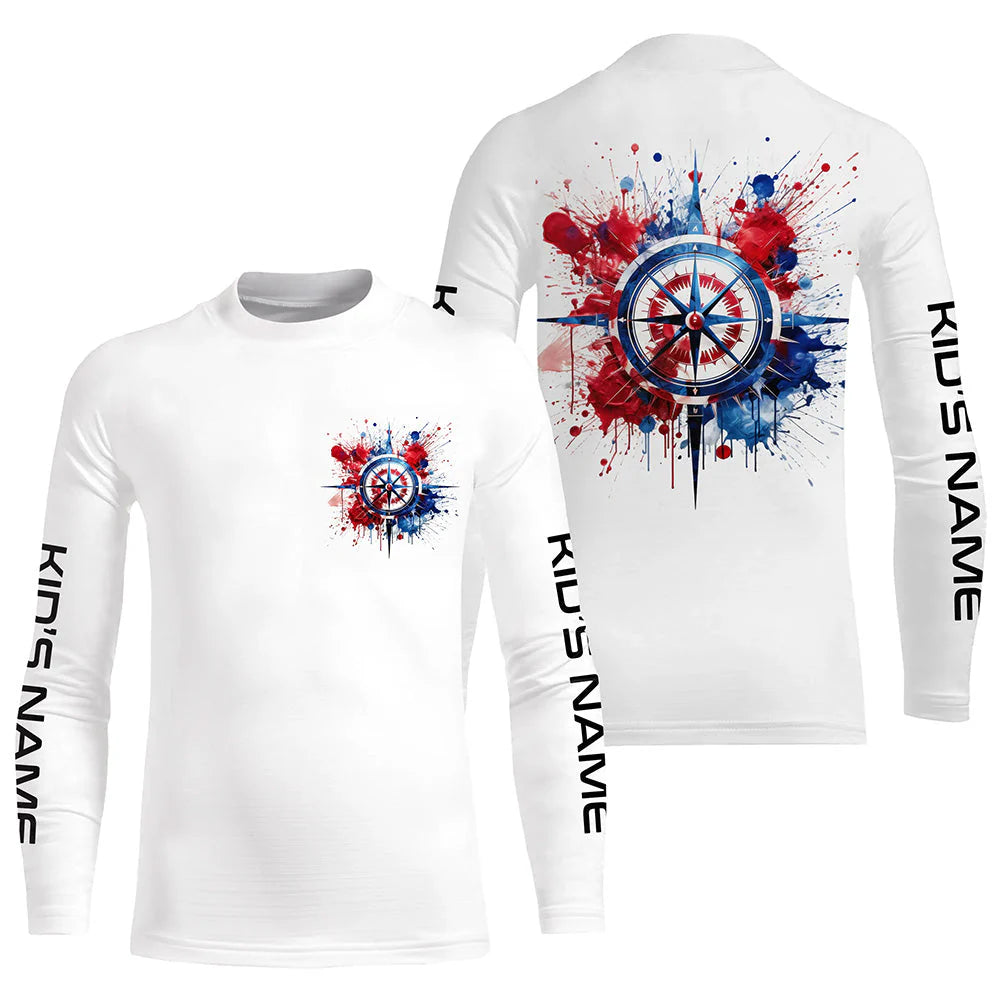 Kid Red, White And Blue Compass Custom Performance Fishing Shirts, Patriotic Saltwater Fishing Shirts IPHW4949