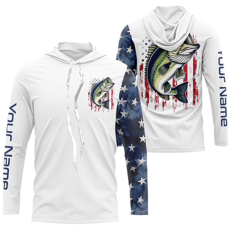 American Flag Largemouth Bass Custom Long Sleeve Hooded Fishing Shirts, US Patriotic Fishing Shirt IPHW7900