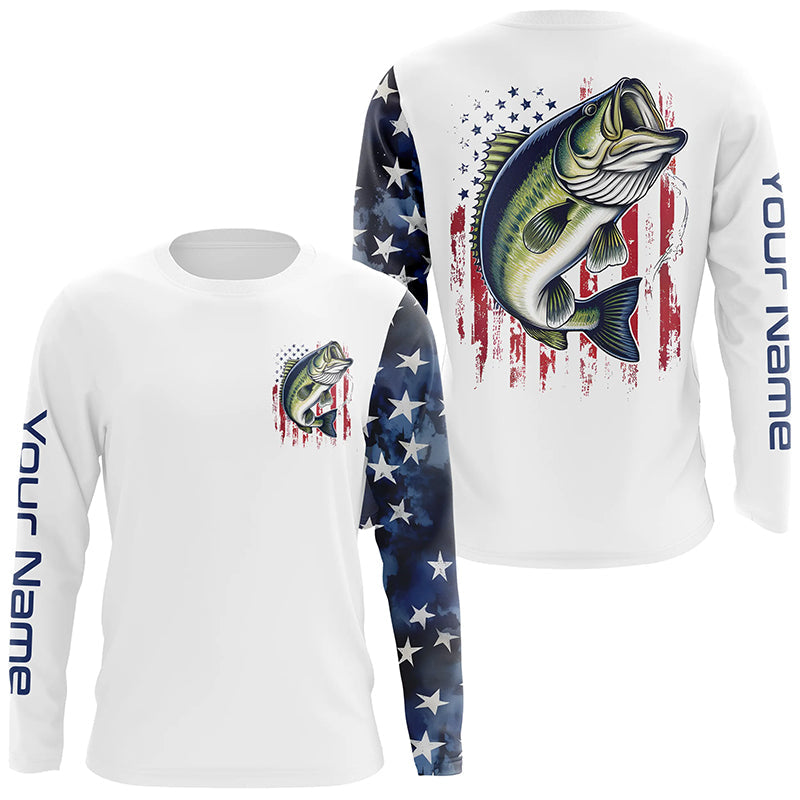 American Flag Largemouth Bass Custom Long Sleeve Fishing Shirts, US Patriotic Bass Fishing Shirt IPHW7900