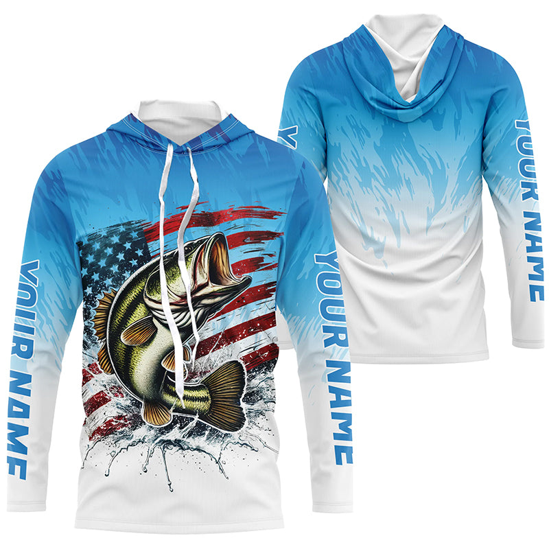 Custom Patriotic Largemouth Bass Long Sleeve Hooded Fishing Shirts, Blue American Flag Fishing Shirt IPHW7951