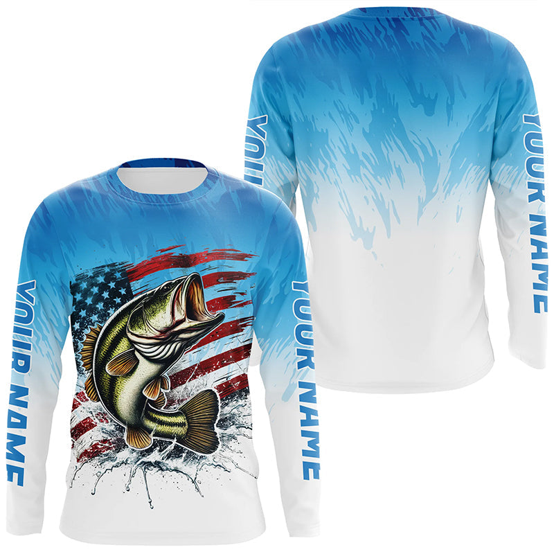 Custom Patriotic Largemouth Bass Long Sleeve Fishing Shirts, Blue American Flag US Fishing Shirt IPHW7951