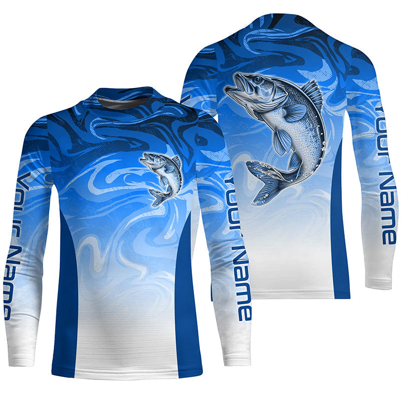 Custom Walleye Long Sleeve Tournament Fishing Shirts, Blue Wave Camo Walleye Fishing Jerseys IPHW6092