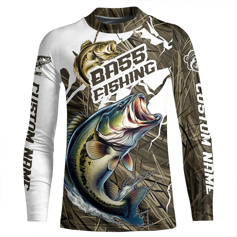 Youth Largemouth Bass Fishing Custom Long Sleeve Tournament Shirts, Camouflage Bass Fishing Jerseys IPHW6625