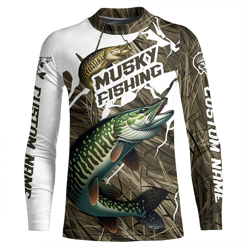 Kid Musky Fishing Custom Long Sleeve Tournament Shirts, Camouflage Muskie Fishing Jerseys IPHW6626
