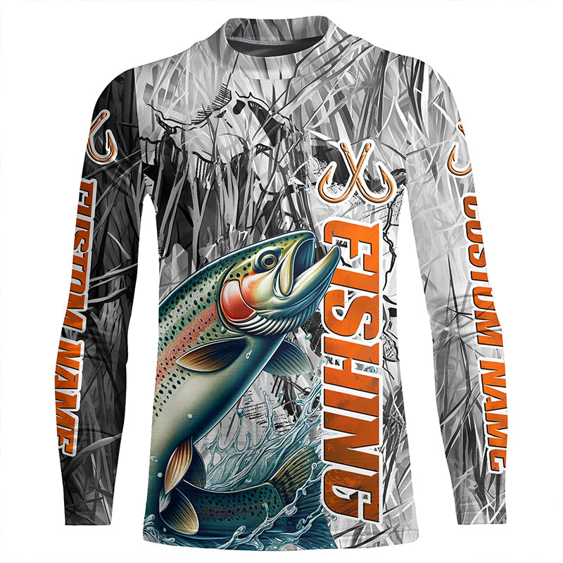 Rainbow Trout Fishing Custom Long Sleeve Fly Fishing Shirts, Gray Camo Trout Fishing Jerseys IPHW6465