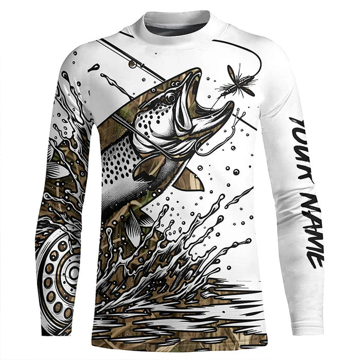 Trout Fly Fishing Camo Custom Kid Long Sleeve Fishing Shirts, Flyfishing Trout Tournament Shirt IPHW5590