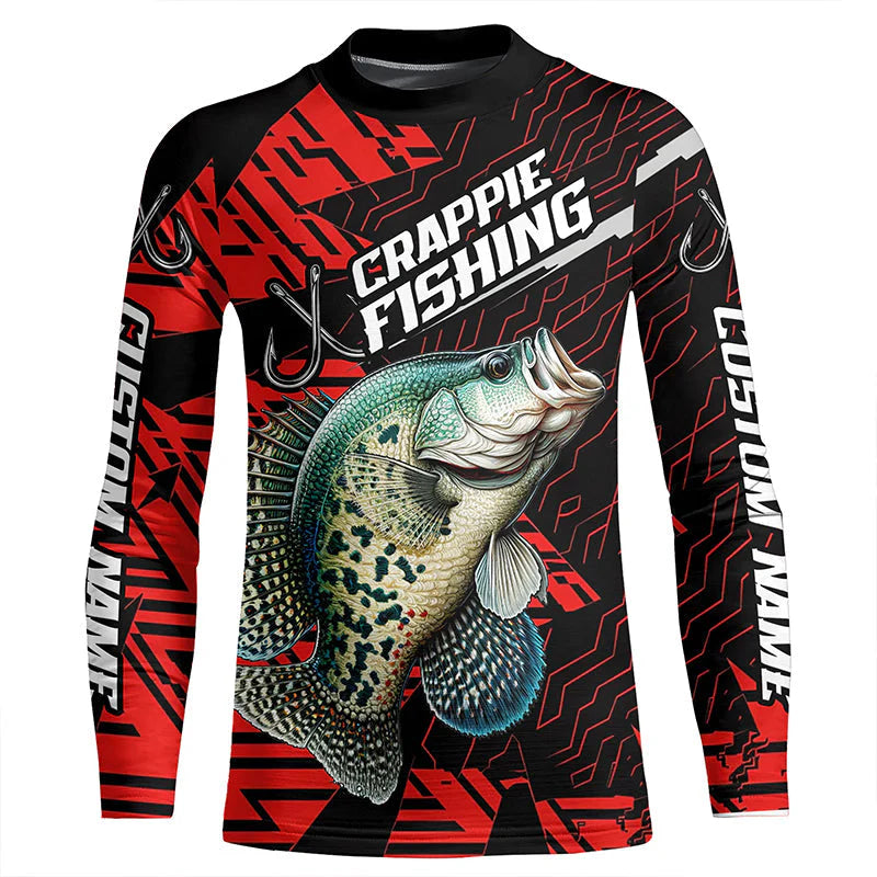 Black And Red Custom Crappie Fishing Jerseys, Crappie Kid Long Sleeve Tournament Fishing Shirts IPHW6199