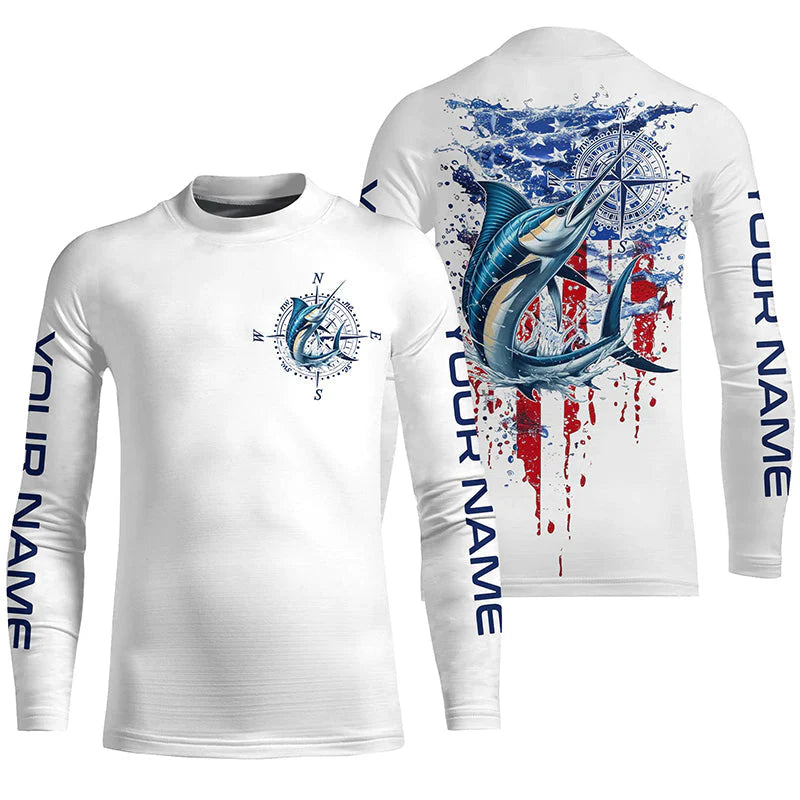 Kid American Flag Marlin Fishing Custom Kid Long Sleeve Fishing Shirts, Patriotic Saltwater Fishing Shirt IPHW7039