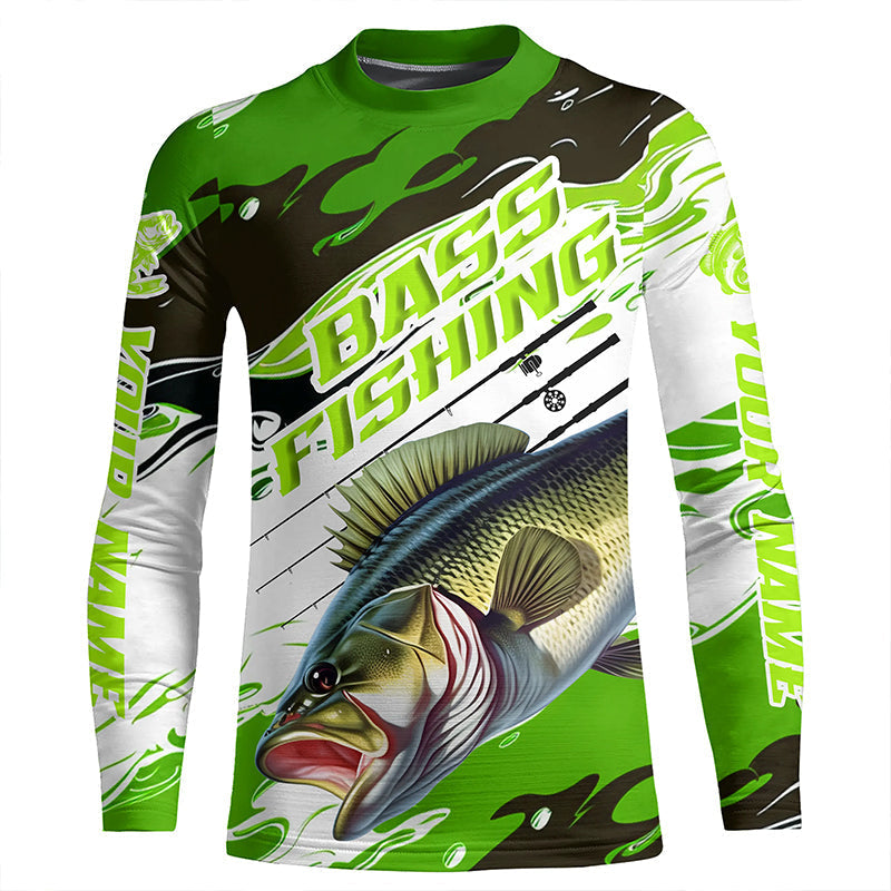 Custom Largemouth Bass Fishing Jerseys, Bass Long Sleeve Tournament Fishing Shirts | Green Camo IPHW6224