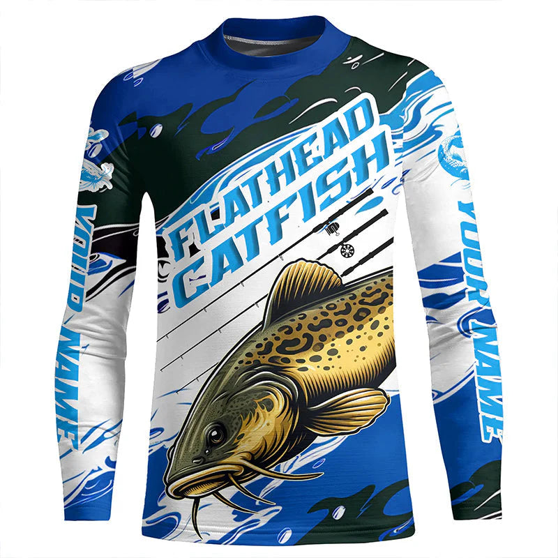 Custom Flathead Catfish Fishing Jerseys, Catfish Kid Long Sleeve Tournament Fishing Shirts | Blue Camo IPHW6226