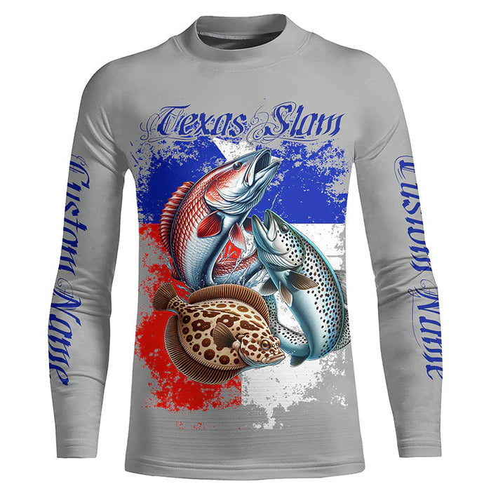 Texas Slam Redfish, Trout, Flounder Custom Kid Long Sleeve Fishing Shirts, Texas Flag Fishing Jerseys IPHW6230