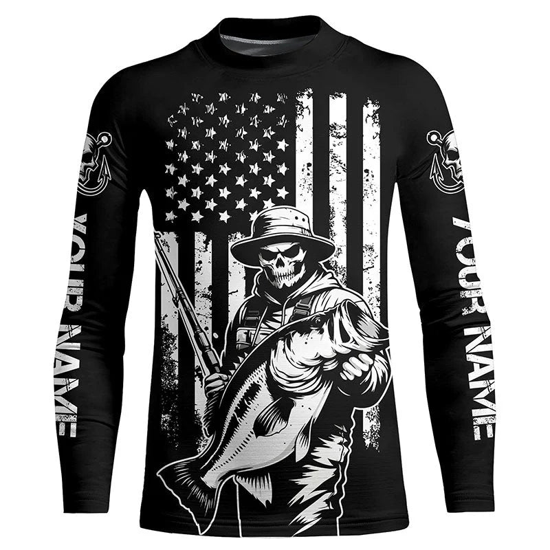 Kid Black And White American Flag Bass Fisherman Custom Skull Fishing Shirts, Patriotic Fishing Jerseys IPHW5648