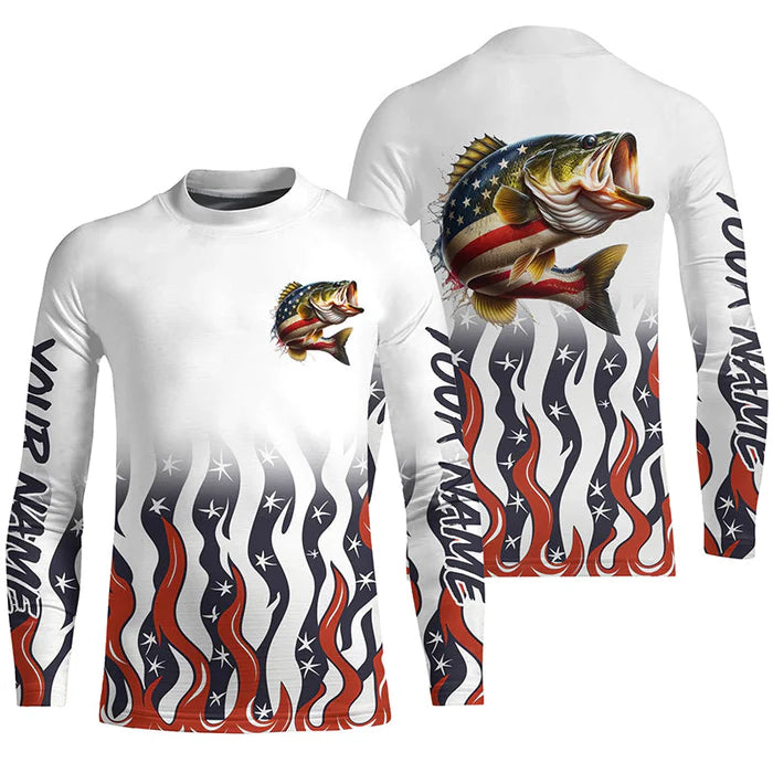 Personalized American Flag Bass Kid Long Sleeve Fishing Shirts, Patriotic Bass Fishing Gifts IPHW5945