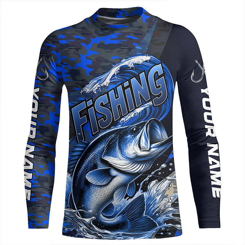 Custom Bass Long Sleeve Fishing Shirts, Personalized Bass Fishing Jersey | Blue Camo IPHW6872