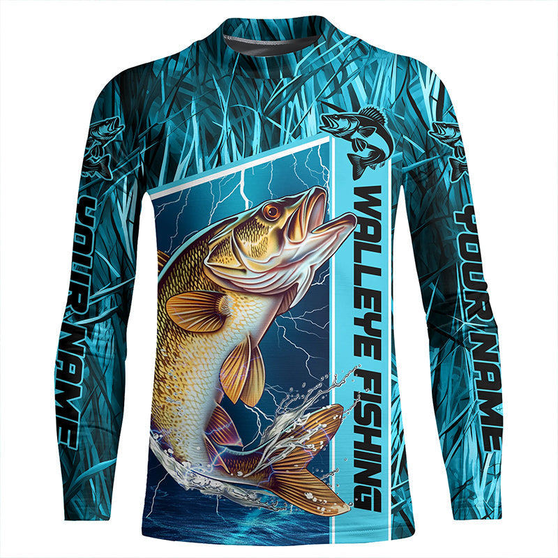 Custom Teal Blue Camo Walleye Long Sleeve Tournament Fishing Shirts, Walleye Fishing Jerseys IPHW5828