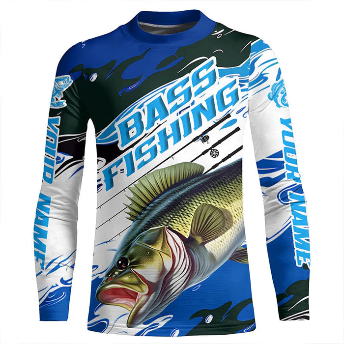 Custom Largemouth Youth Bass Fishing Jerseys, Bass Long Sleeve Tournament Fishing Shirts | Blue Camo IPHW5993