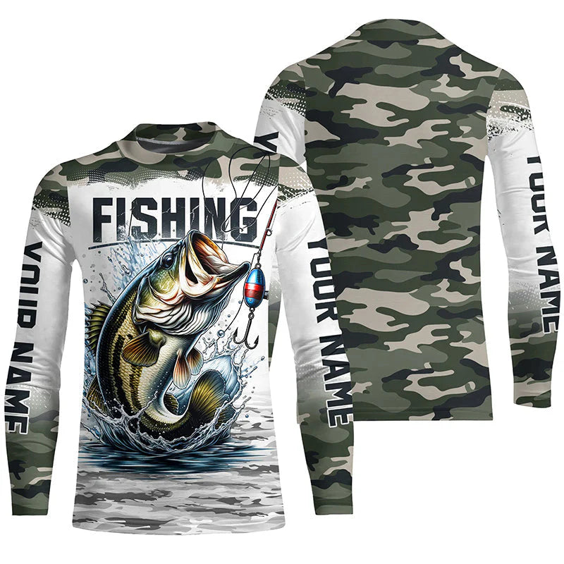Youth Bass Fishing Camo Custom Kid Long Sleeve Fishing Shirts, Personalized Bass Fishing Jerseys IPHW5998