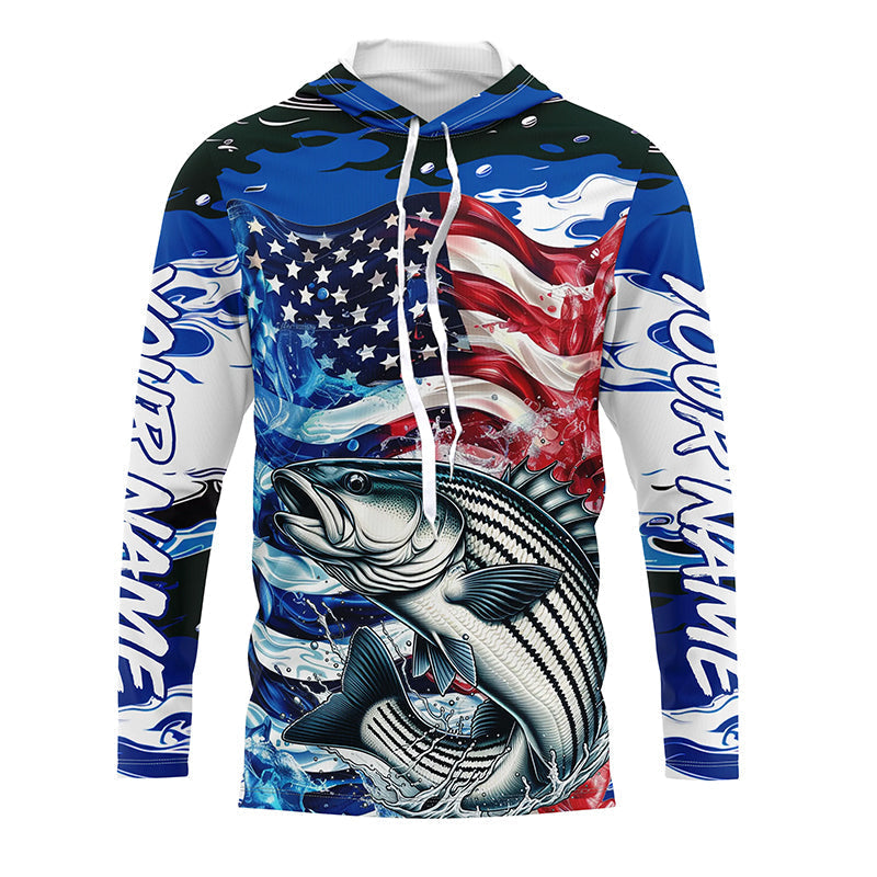 Custom American Flag Striped Bass Long Sleeve Fishing Shirts, Blue Camo Striper Fishing Jerseys IPHW6008
