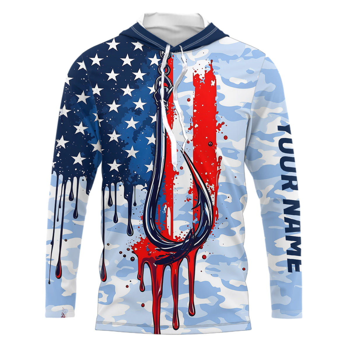 Blue Camo Dripping American Flag US Fish Hook Custom Long Sleeve Hooded Patriotic Fishing Shirts IPHW7954