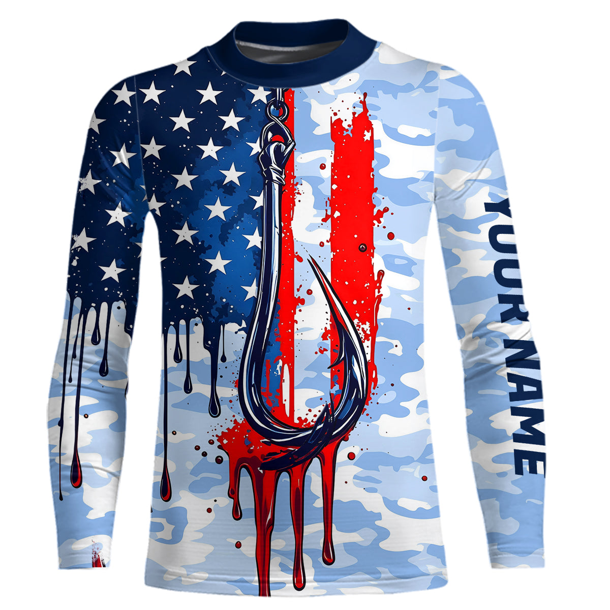 Blue Camo Dripping American Flag US Fish Hook Custom Kid Long Sleeve Patriotic Fishing Shirts IPHW7954