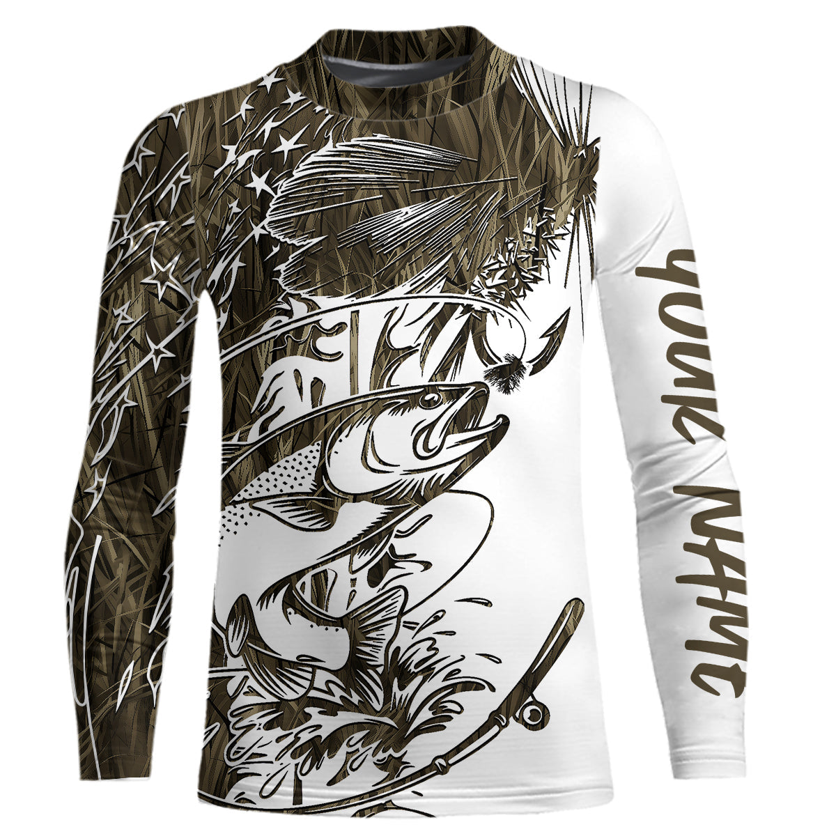 Custom Patriotic Trout Brown Camo Fly Fishing Kid Long Sleeve Shirts, US Flyfishing Shirt IPHW9142
