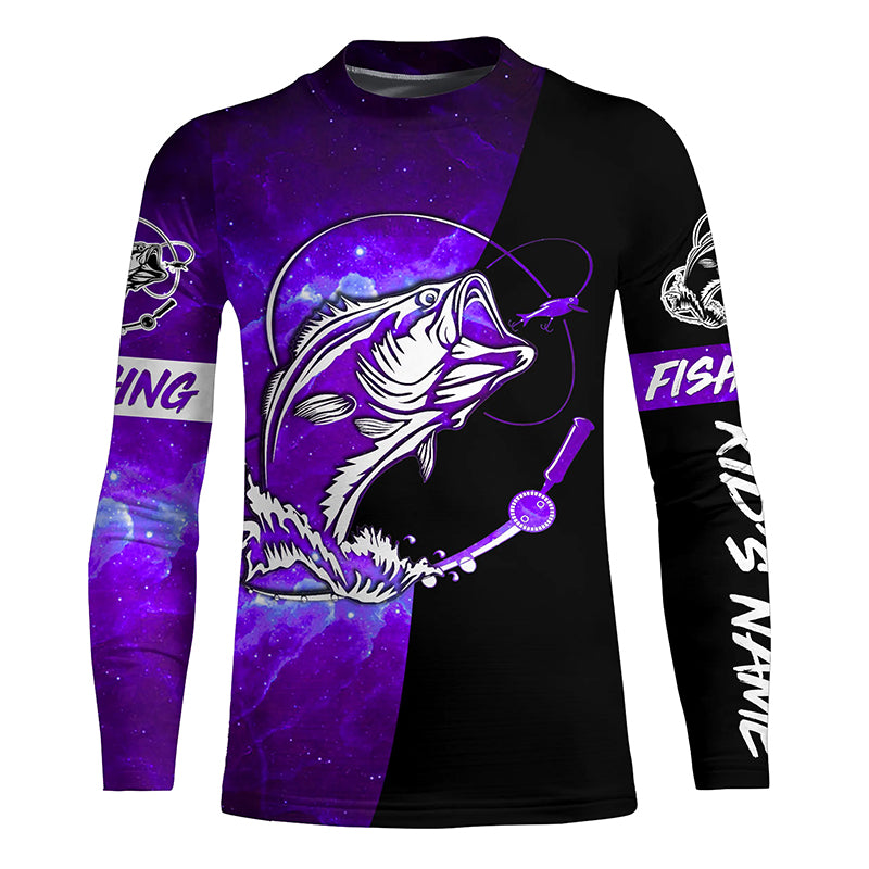 Bass Fishing tattoo purple galaxy black Custom performance UV protection Kid long sleeve Fishing Shirt NQS5400