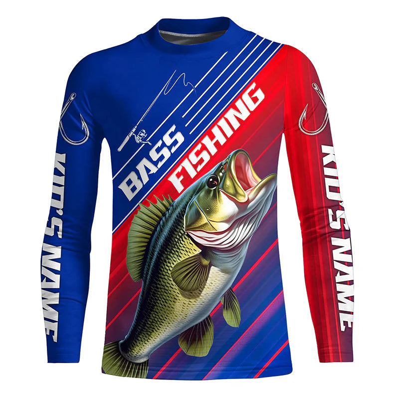 Custom Bass Fishing Kid Long Sleeve Tournament Shirts, Red White And Blue Colors Bass Fishing Jerseys IPHW6312