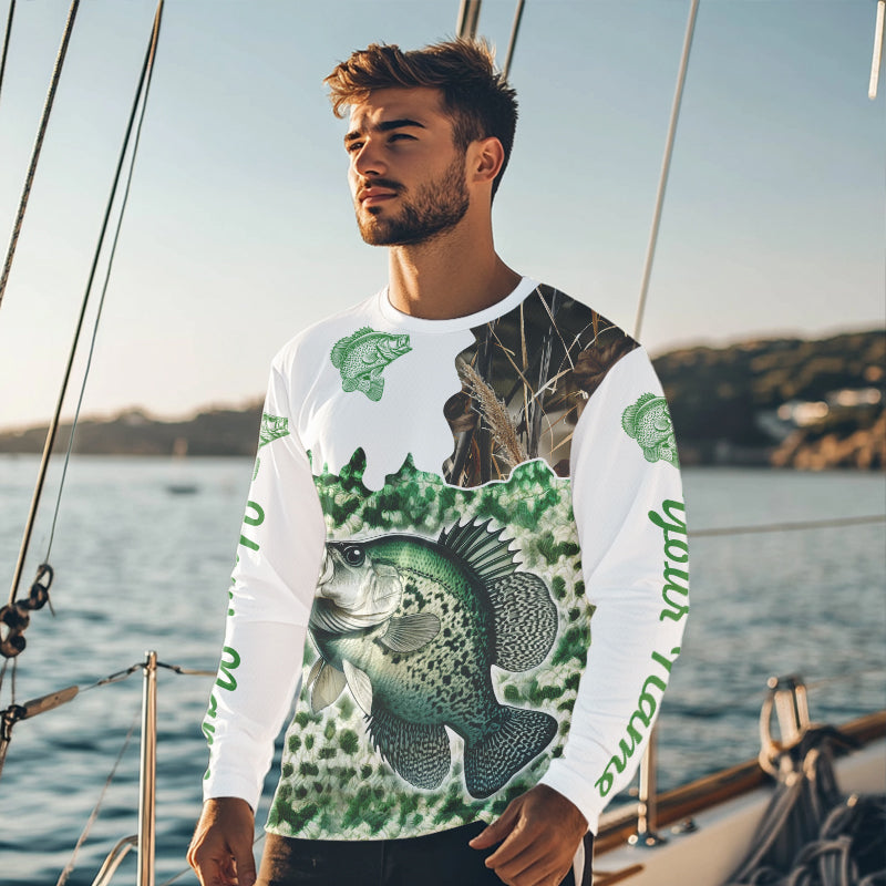 Crappie fishing green scales camo Custom name Long sleeve fishing shirts, Long Sleeve Hooded NPQ882