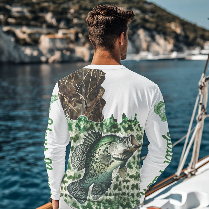 Crappie fishing green scales camo Custom name Long sleeve fishing shirts, Long Sleeve Hooded NPQ882