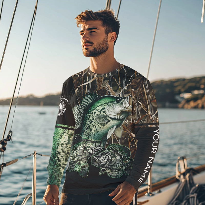 Crappie fishing green scales camo Custom name Long sleevefishing shirts, Long Sleeve Hooded NPQ883