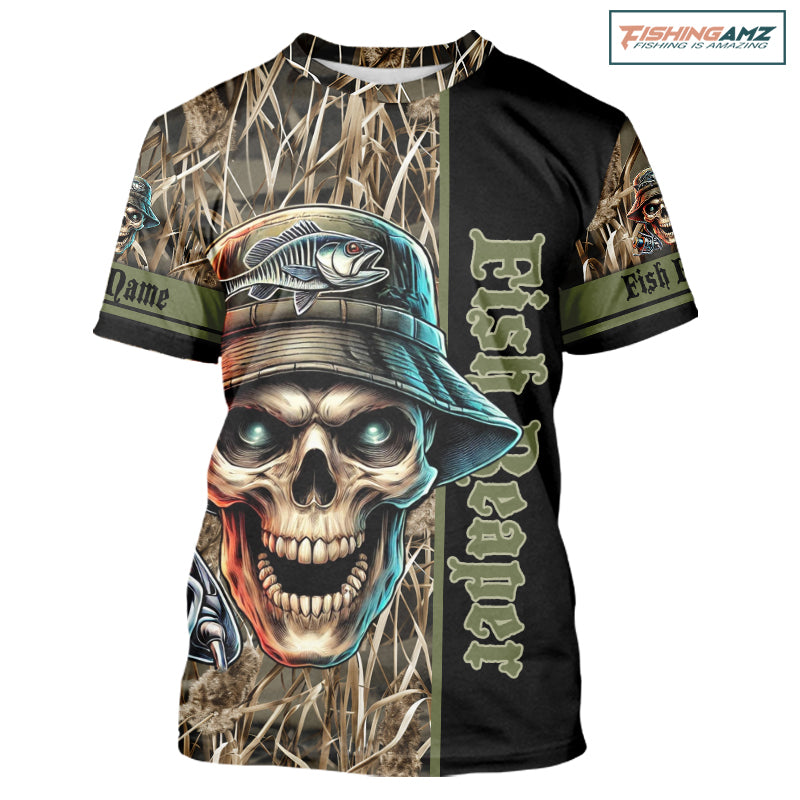 Fish Reaper lake Camo black Customize Name All-over Print Unisex fishing T-shirt NPQ18