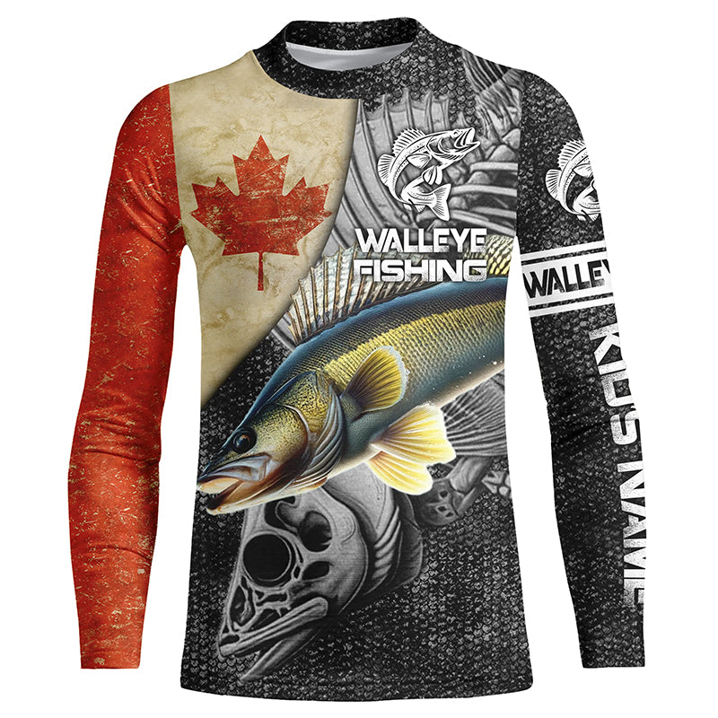 Vintage Canadian Flag Walleye Fishing Custom Kid long sleeve Fishing Shirt, Walleye jerseys NQS5222