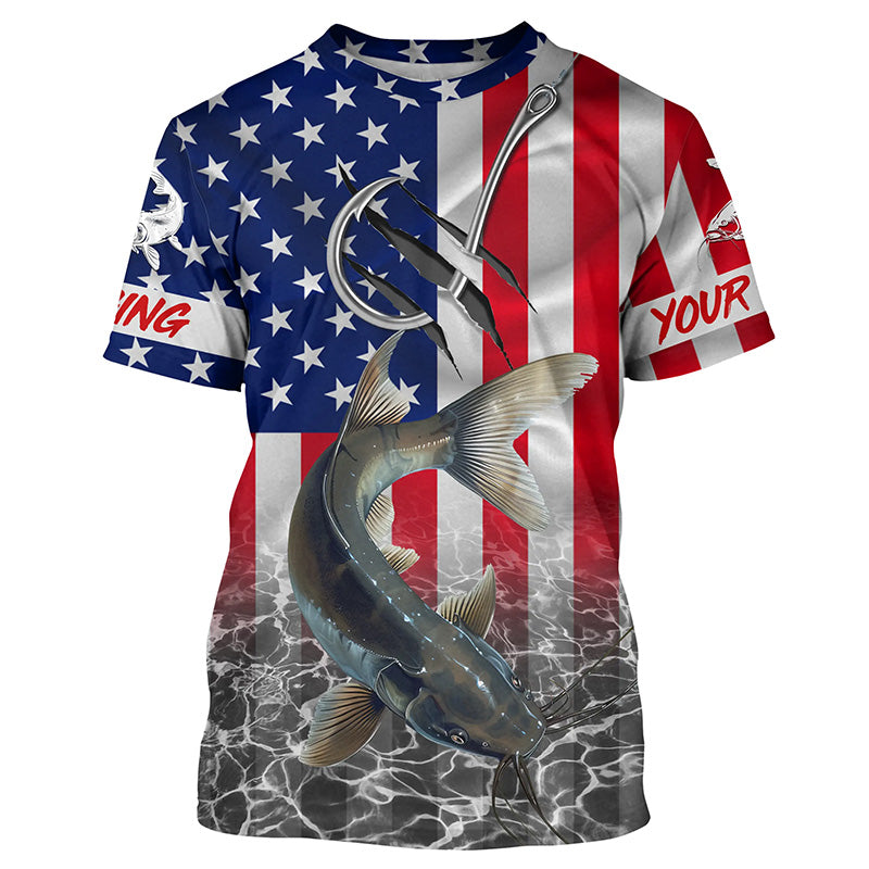 American Flag Catfish Fish hook Custom performance fishing T-shirt, Catfish fishing jerseys NQS5535