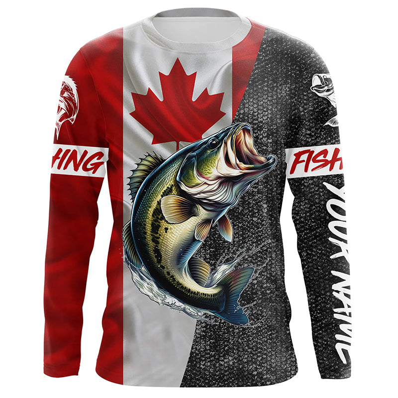 Custom Canadian Flag Bass Fishing Jerseys, Bass patriotic performance Fishing Shirts | Long sleeve NQS5038