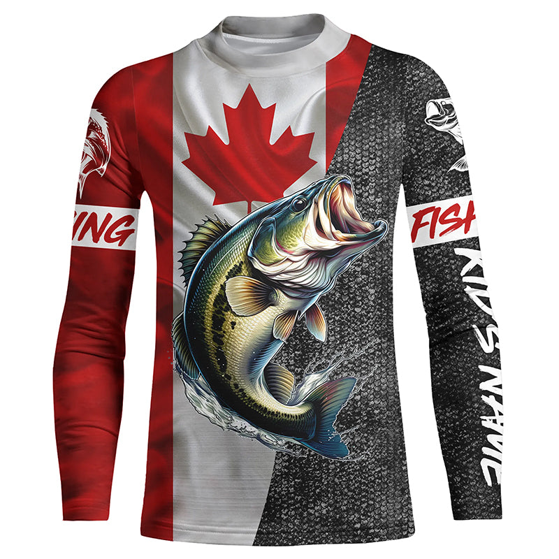 Custom Canadian Flag Bass Fishing Jerseys, Bass patriotic performance Fishing Kid Long Sleeve NQS5038