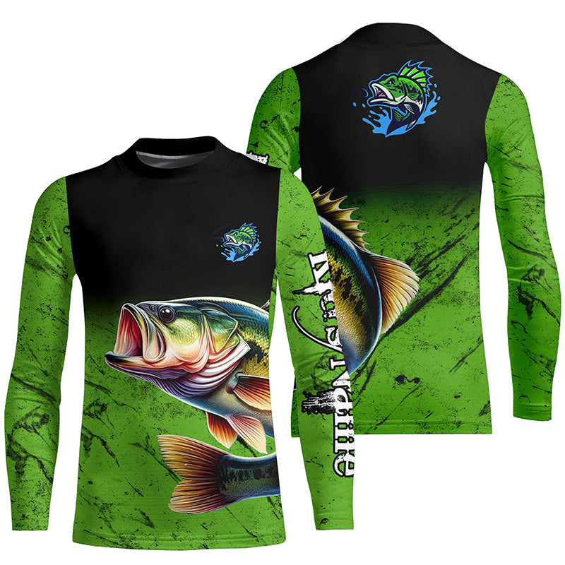 Custom green Largemouth Bass Fishing Jerseys, personalized bass fishing tournament Kid Long Sleeve NQS5041