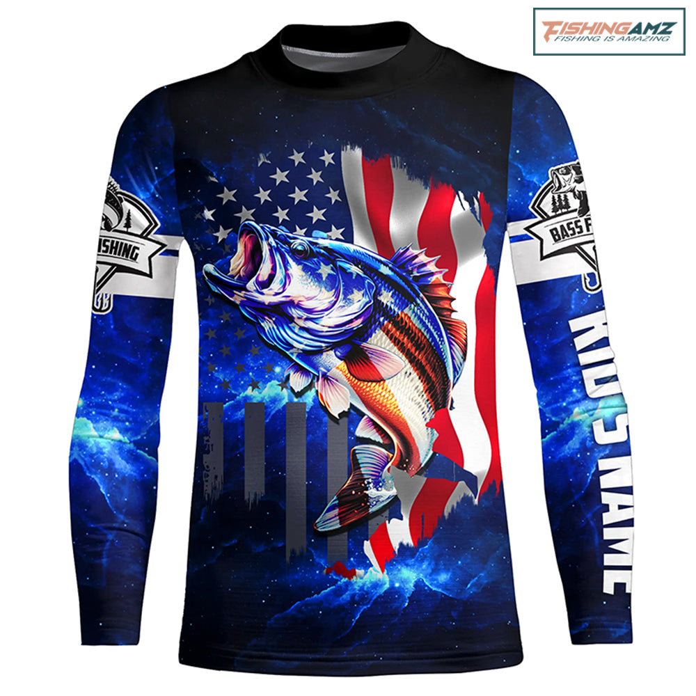 Bass Fishing 3D American blue galaxy patriotic fishing Custom long sleeves fishing shirt for kid NPQ7