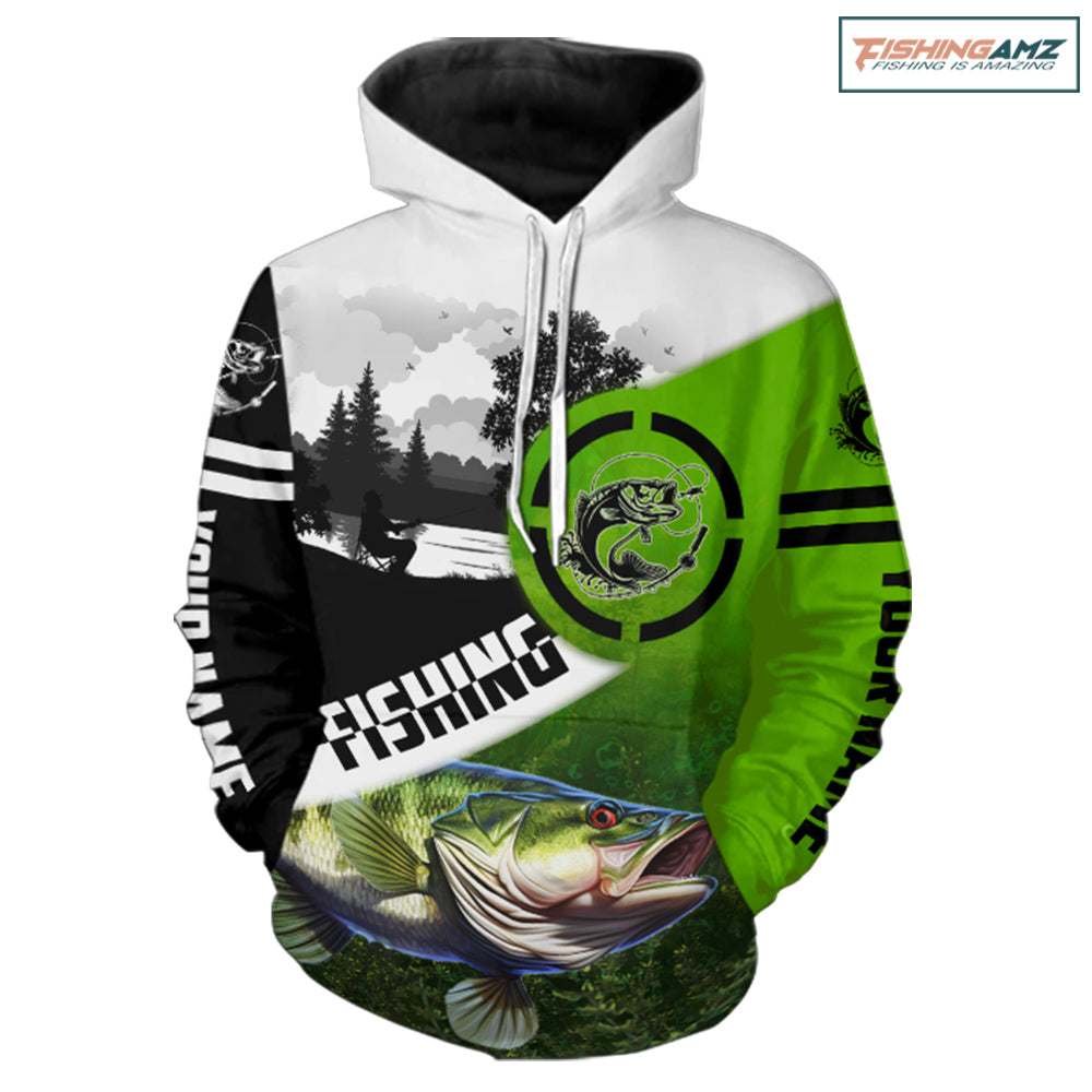 Largemouth Bass Fishing green Customize name fishing hoodie, personalized fishing gift NPQ1