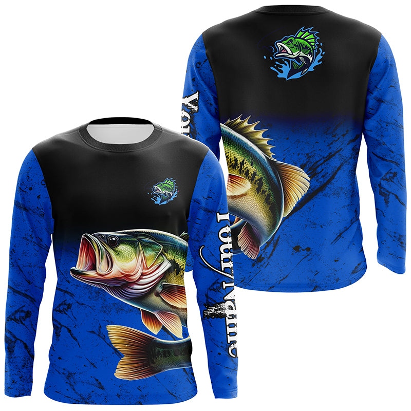 Custom blue Largemouth Bass Fishing Jerseys, personalized bass fishing tournament Long sleeve shirt NQS5070