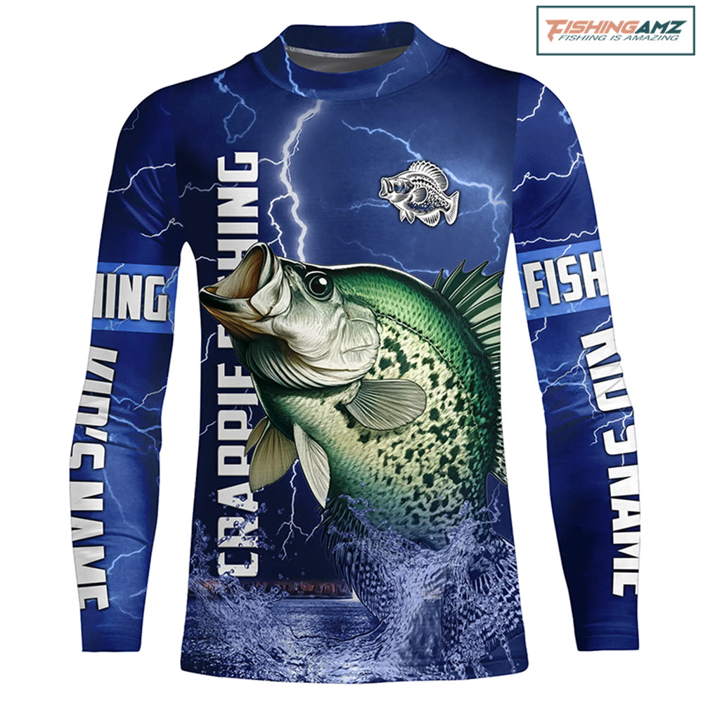 Crappie Fishing blue lightning jerseys custom name performance Kid Long Sleeve fishing shirts NQS5351