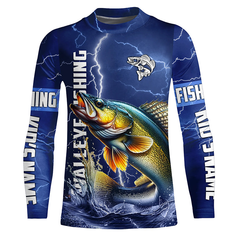Walleye Fishing blue lightning jerseys custom name performance Kid Long Sleeve fishing shirts NQS5352