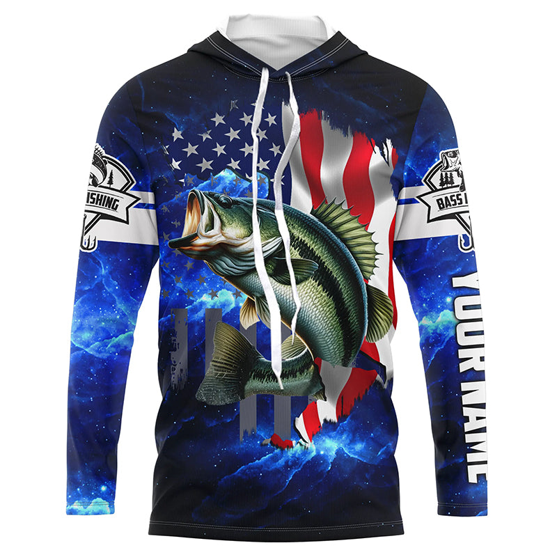 Bass Fishing 3D American Flag patriotic blue galaxy Custom UV protection long sleeve Fishing Shirts NQS5397