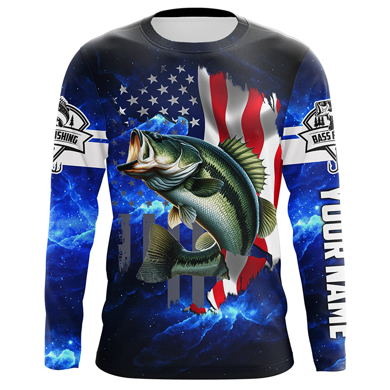 Bass Fishing 3D American Flag patriotic blue galaxy Custom UV protection long sleeve Fishing Shirts NQS5397