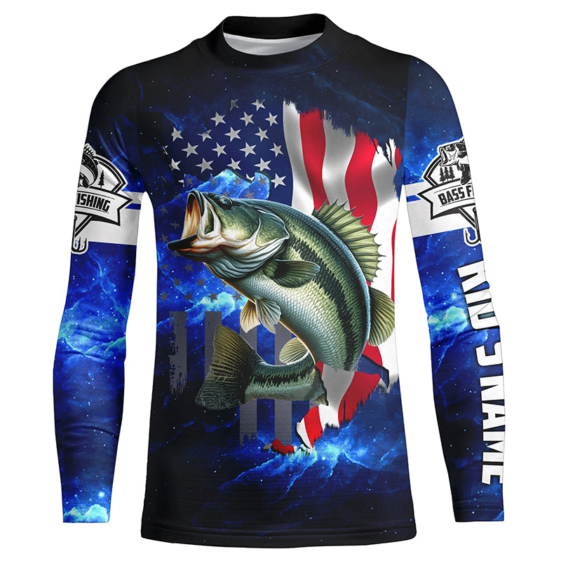 Bass Fishing 3D American Flag patriotic blue galaxy Custom UV protection Kid long sleeve Fishing Shirt NQS5397