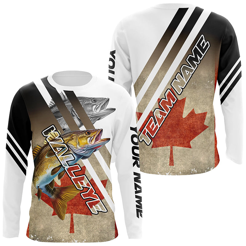 Personalized Walleye fishing Canadian flag patriotic performance long sleeve fishing jerseys NQS7113